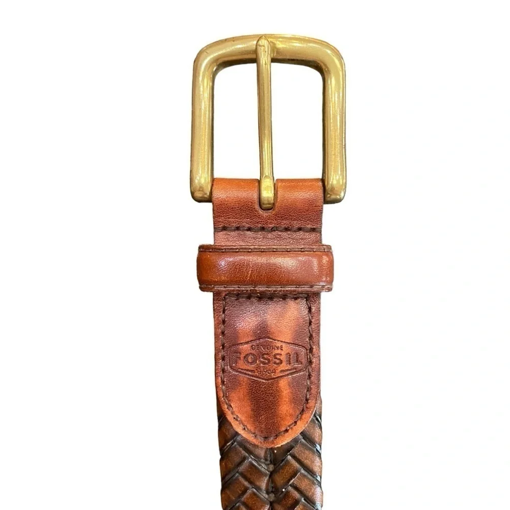 Fossil Men’s Brown Braided Belt Gold Buckle Size 36